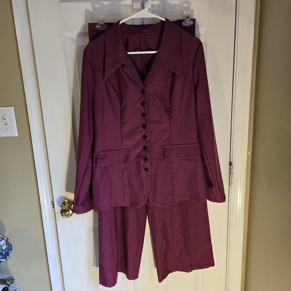 SHEIN Burgundy Two Piece Pant Suit Set Blazer and Trousers Size L Careercore